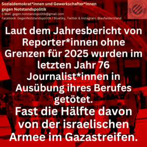 Laut dem Jahresbericht von Reporter*innen ohne Grenzen für 2025 wurden im letzten Jahr 76 Journalist*innen in Ausübung ihres Berufes getötet. Fast die Hälfte davon von der israelischen Armee im Gazastreifen.