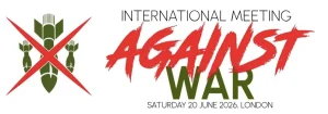 Logo der Antikriegskonferenz mit Datum und Logo auf Englisch