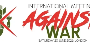 Logo der Antikriegskonferenz mit Datum und Logo auf Englisch
