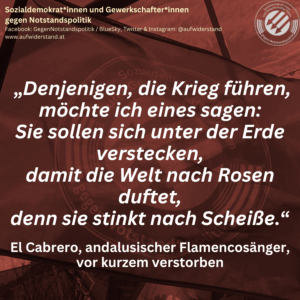 „Denjenigen, die Krieg führen, möchte ich eines sagen: Sie sollen sich unter der Erde verstecken, damit die Welt nach Rosen duftet, denn sie stinkt nach Scheiße.“ El Cabrero, andalusischer Flamencosänger, vor kurzem verstorben