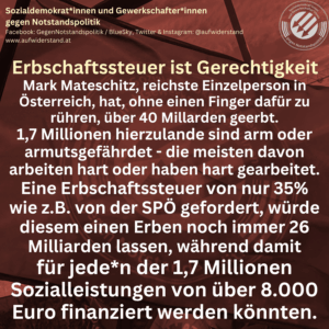 Erbschaftssteuer ist Gerechtigkeit Mark Mateschitz, reichste Einzelperson in Österreich, hat, ohne einen Finger dafür zu rühren, über 40 Millarden geerbt. 1,7 Millionen hierzulande sind arm oder armutsgefährdet - die meisten davon arbeiten hart oder haben hart gearbeitet. Eine Erbschaftssteuer von nur 35% wie z.B. von der SPÖ gefordert, würde diesem einen Erben noch immer 26 Milliarden lassen, während damit für jede*n der 1,7 Millionen Sozialleistungen von über 8.000 Euro finanziert werden könnten.