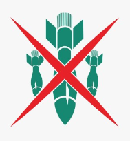 Logo der Antiegriegskonferenz in London mit drei fallenden Raketen in Gründ, die in Rot durchgestrichen sind